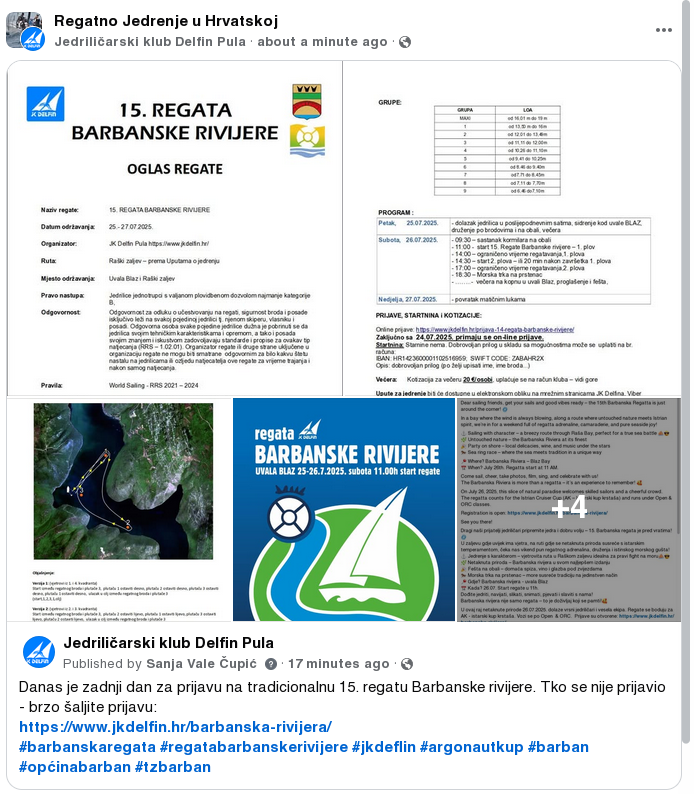 Objava - zadnji dan prijava na 15. regatu Barbanske rivijere