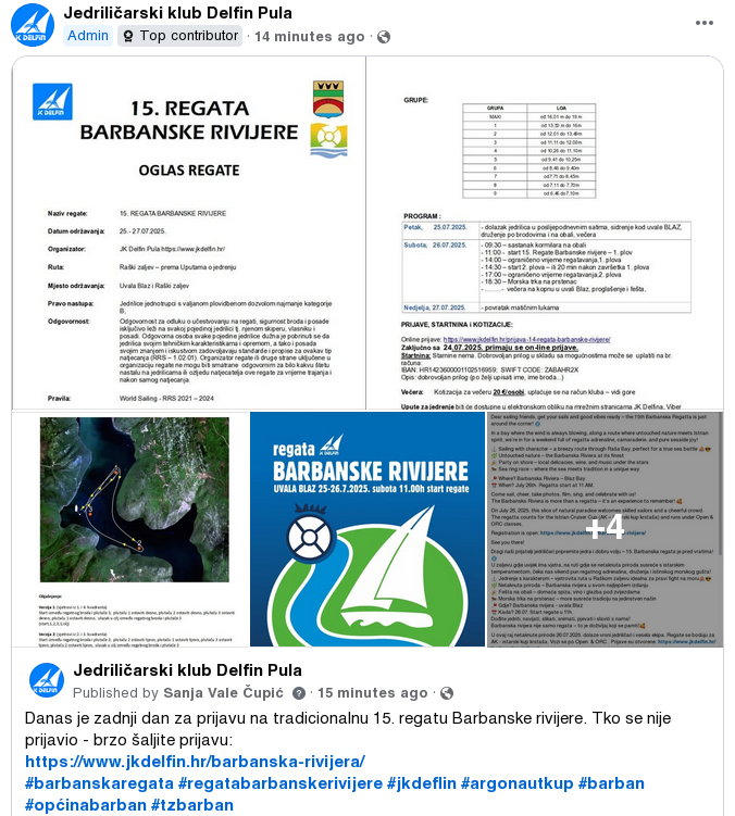 Objava zadnji dan prijava na 15. regatu Barbanske rivijere